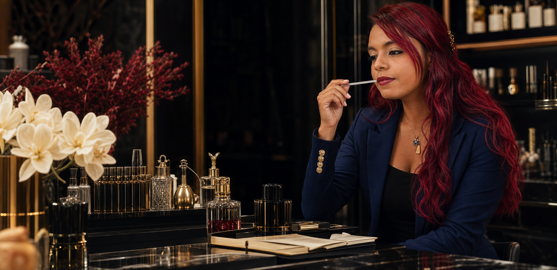 Clarice Almeida em ateliê de fragrâncias Clar'Parfum