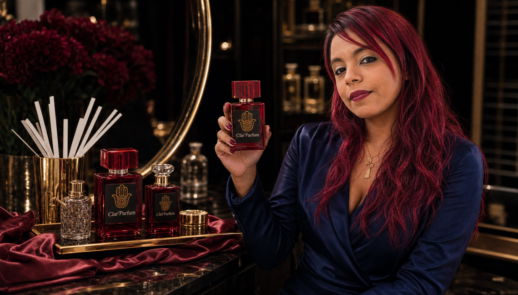 Clarice Almeida apresentando perfumes Clar'Parfum em bancada de luxo