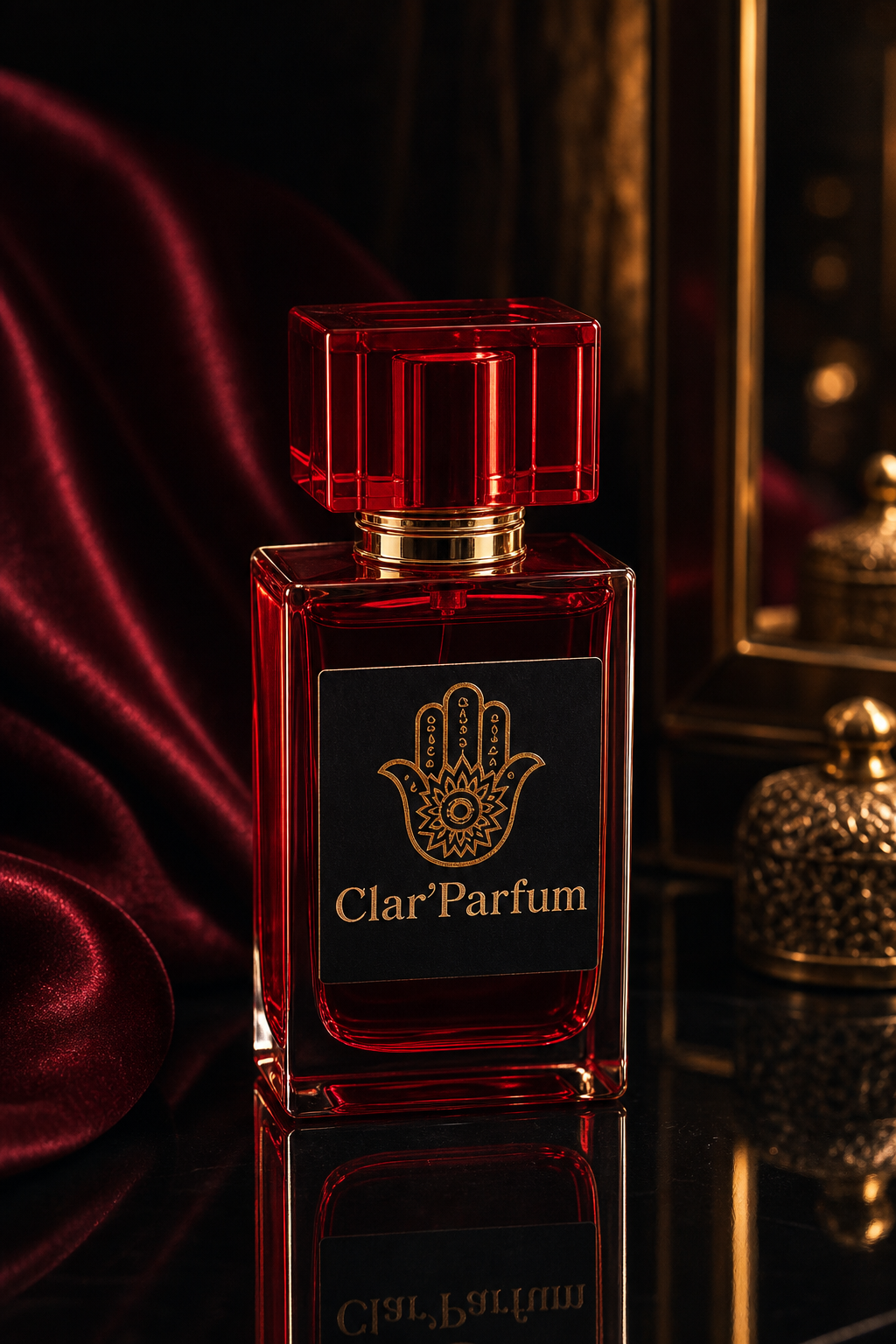 Frasco vermelho Clar'Parfum em foto profissional de produto